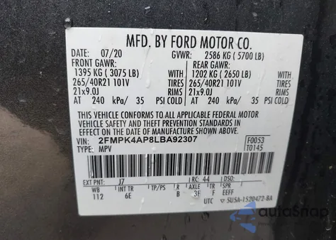 2020 Ford Edge St z USA, uszkodzony, nr VIN 2FMPK4AP8LBA92307